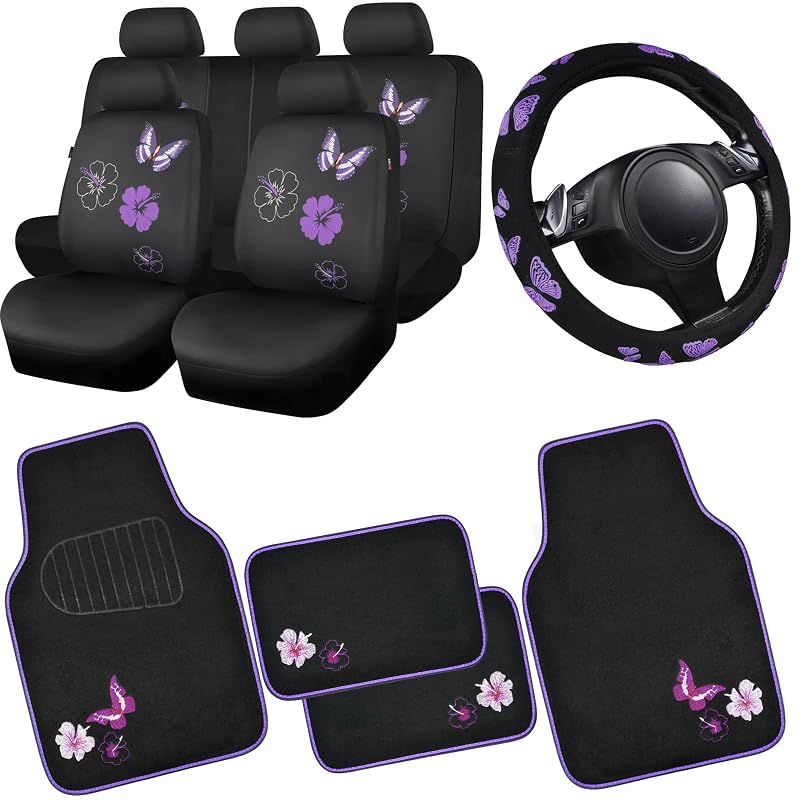 Kit de acessórios internos automotivos CAR PASS com capas de banco, tapetes e capa para volante preto e roxo