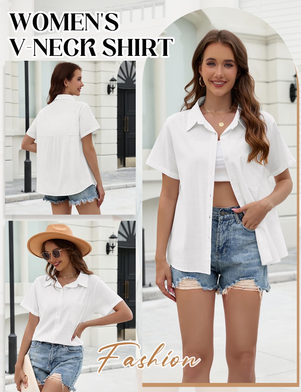 Blusas Mujer Verano Camisas Manga Corta Elegante Camisa Cuello en V Túnica Tops Casual Algodon Lino Camisetas Sueltas Blusa con Botones Color Sólido Shirts