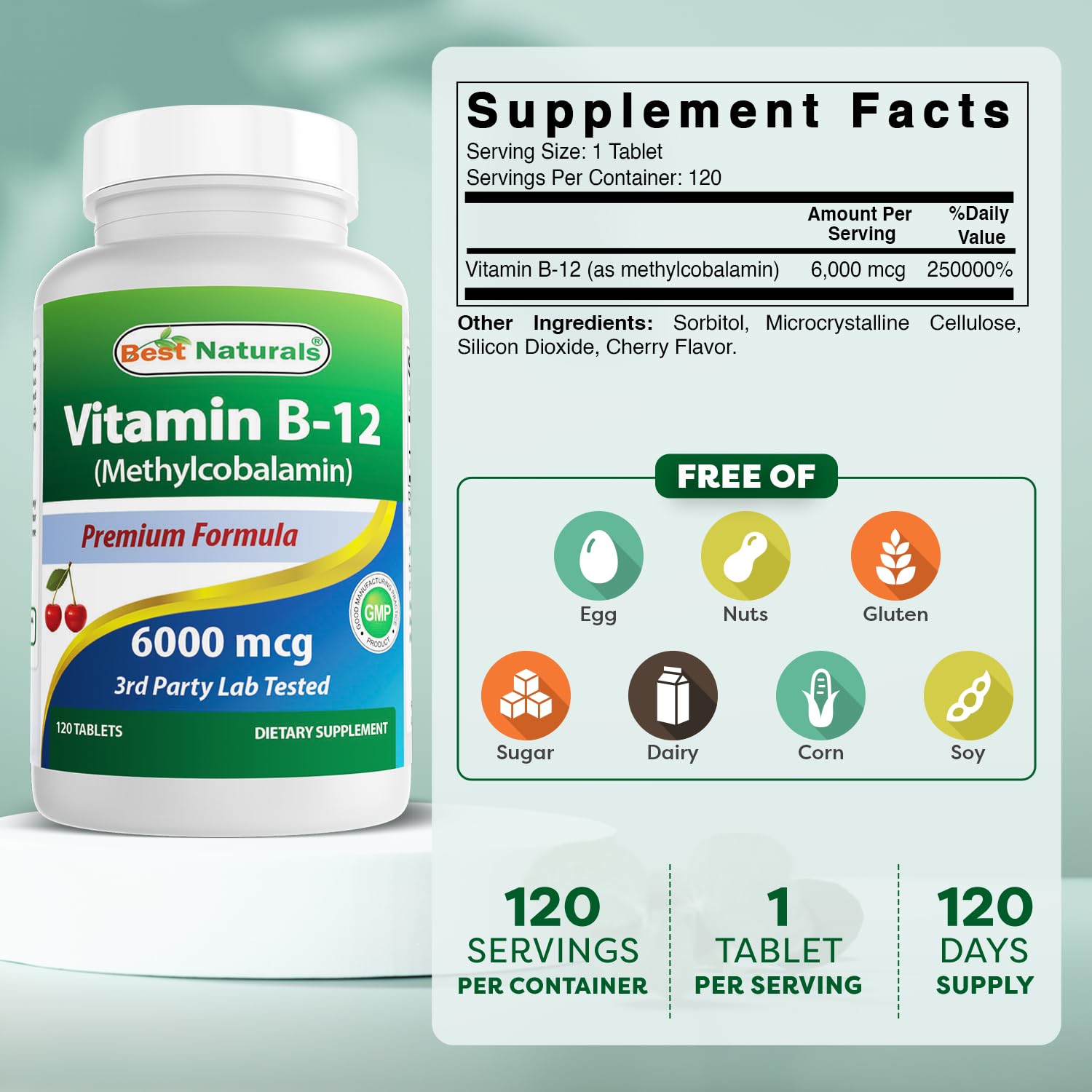 Best Naturals Vitamin B-12 as Methylcobalamin (Methyl B12), 6000 mcg 120 Tablets (120 Count (Pack of 1)) — Amazon image 2