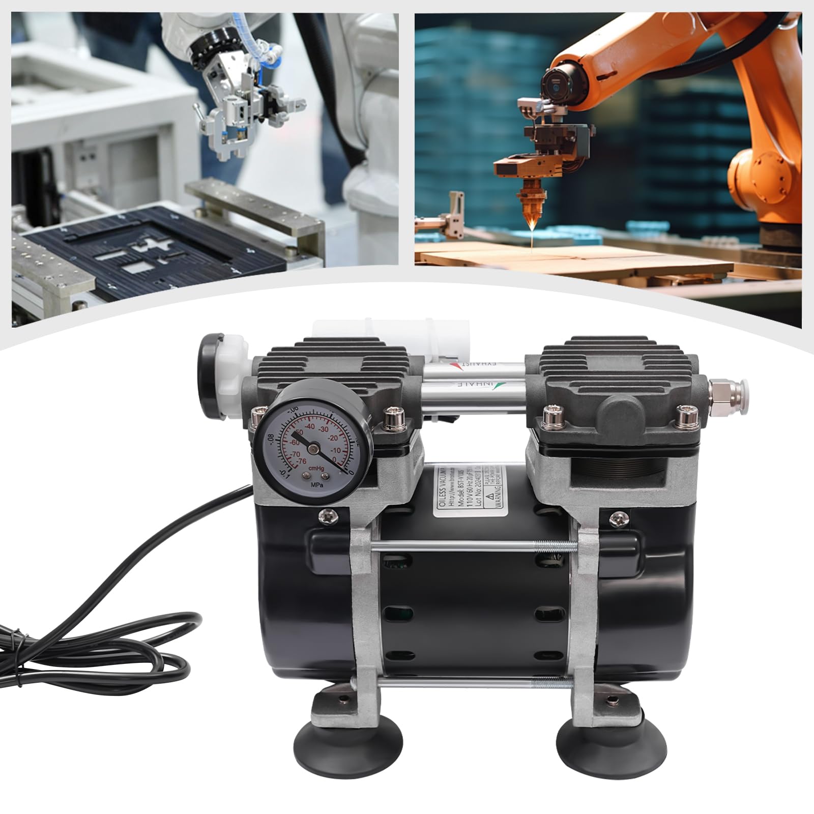 Pompa a vuoto da 150 W, senza olio, 45 l/min, 2 bar, pompa a pressione da laboratorio, 2 cilindri, con manometro di pressione, G1/4, pompa ad aria industriale con protezione da
