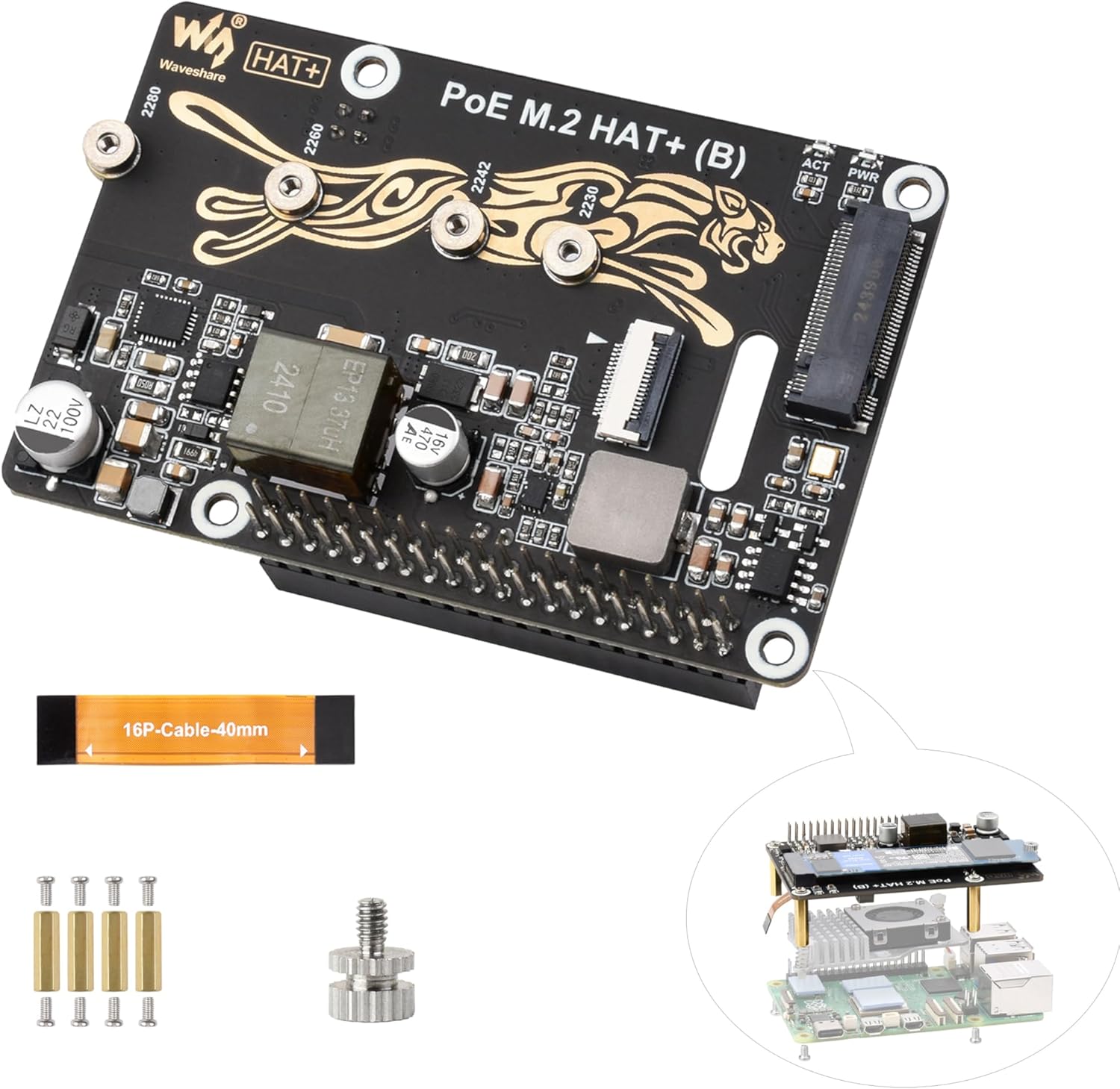 PCIe to M.2 Adapter with PoE Function Compatible with Raspberry Pi 5, Pi 5 NVMe PoE HAT+ Support NVMe M.2 Solid State Drive SSD 2230/2242/2260/2280, High-Speed Reading/Writing