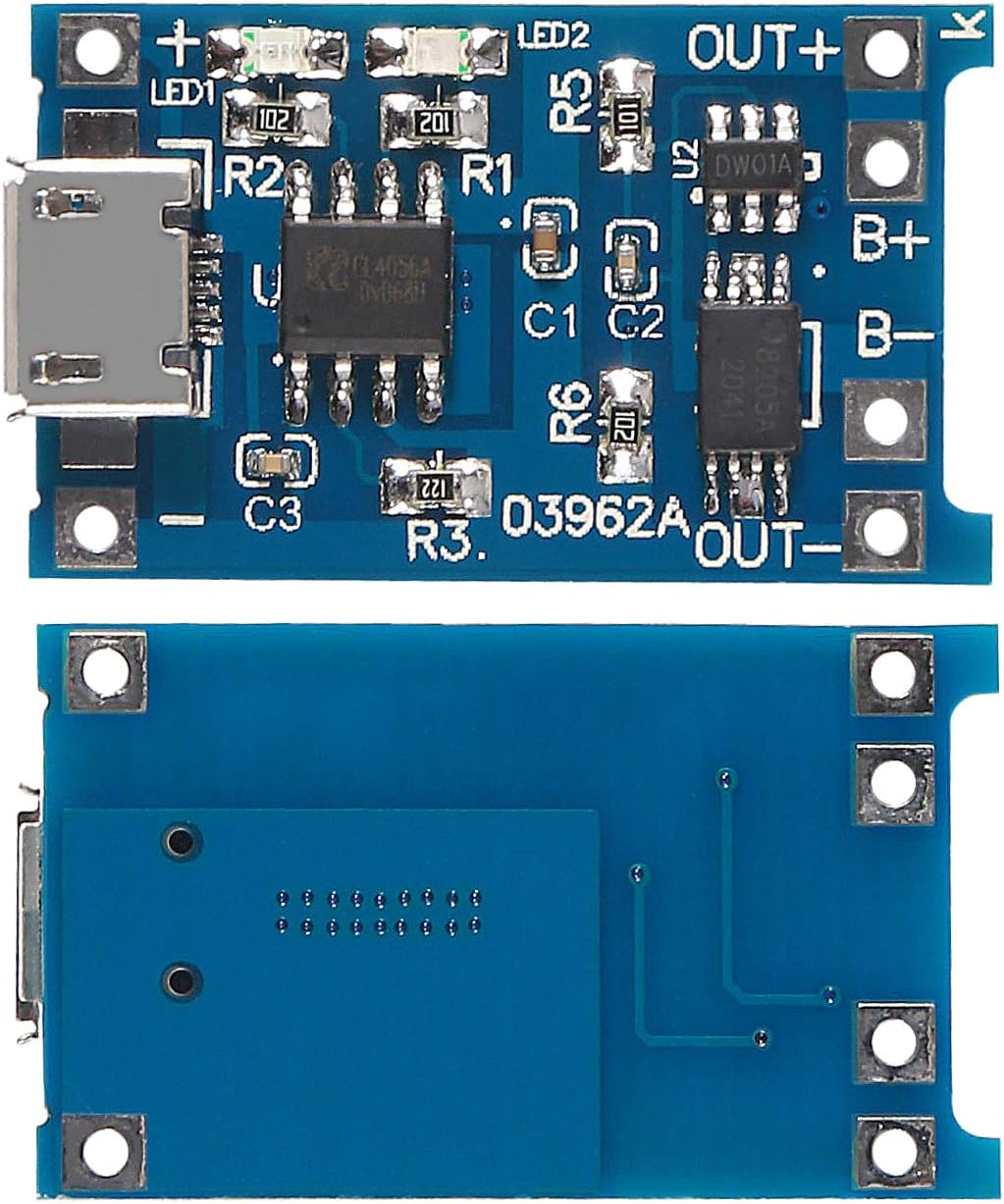 Top and bottom view of a single TP4056 Micro USB charging module.