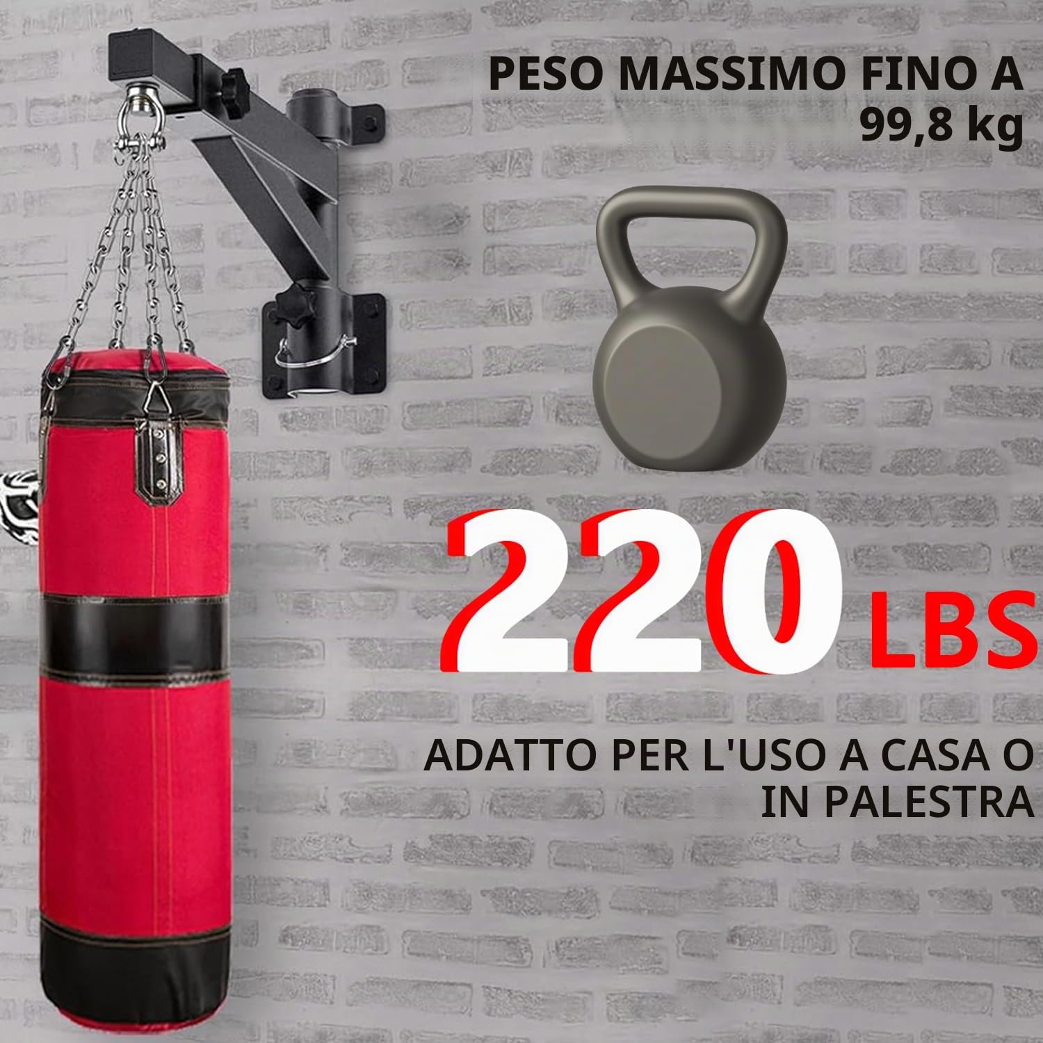 Supporto Muro per Sacchi da Boxe - Sistema di Montaggio a Parete Regolabile 44-64cm con Rotazione 360° Silenziosa, Struttura Resistente 100kg Max per Palestre Domestiche e Fitness