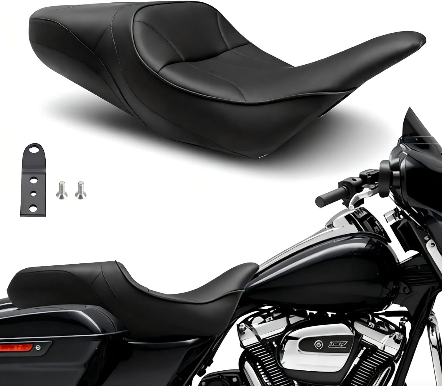 One-Piece Seat Driver & Passenger Seat 2-Up Fit For Harley Touring Road King Road Glide Electra Glide 1997-2007, Black