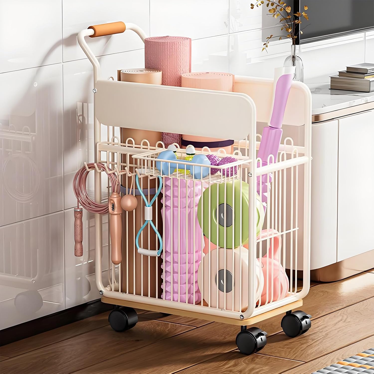 Yoga Mat Storage Rack with Wheels, Home Gym Organizer for Yoga Mats Foam Rollers Dumbbells Towels, Metal Rolling Workout Equipment Storage Rack with Handles and Basket (White, 20×11×24 in)