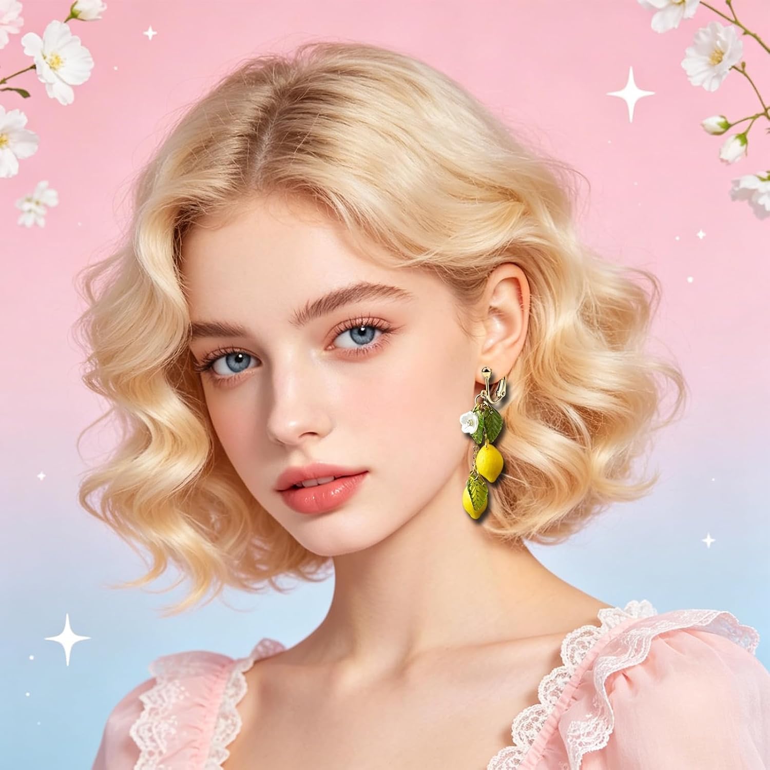 Lemon Fruit Clip on Dangle Earrings for Women, Clip on Earrings Non Pierced Screw Simulation Creative Handmade Cute Strawberry Dangle Drop Jewelry Gifts image 3