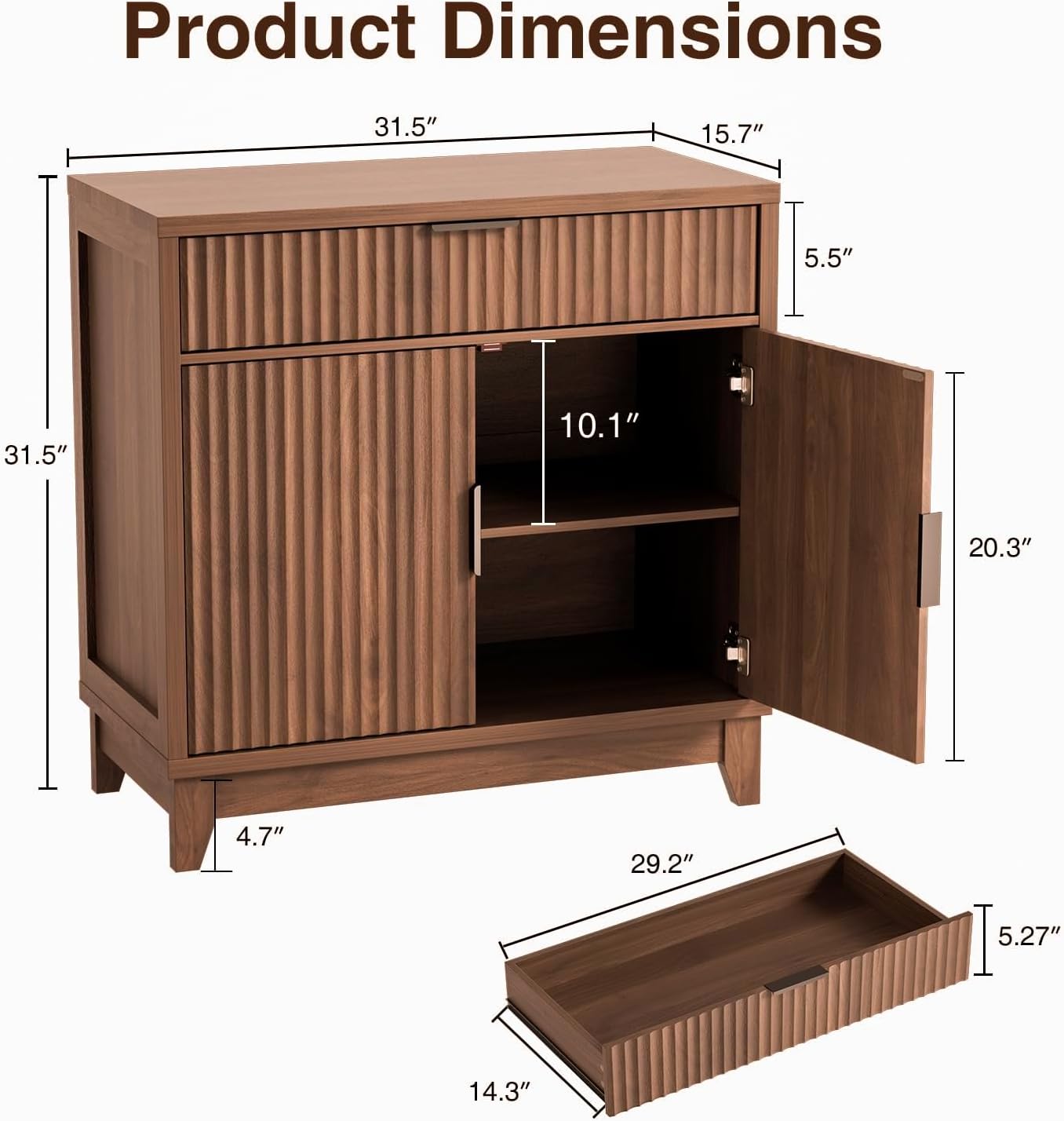 Vabches Fluted Sideboard Buffet Cabinet with Storage, 32" Wide Coffee Bar Console Table with Drawer, Fluted Doors & Adjustable Shelf, Wood Buffet Table for Living Room, Kitchen Dining Room, Brown