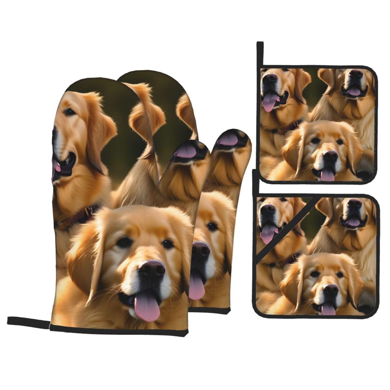 Golden Retrievers Print 4-Piece Heat-Resistant Oven Waterproof Kitchen Gloves Cooking Roasting Essential