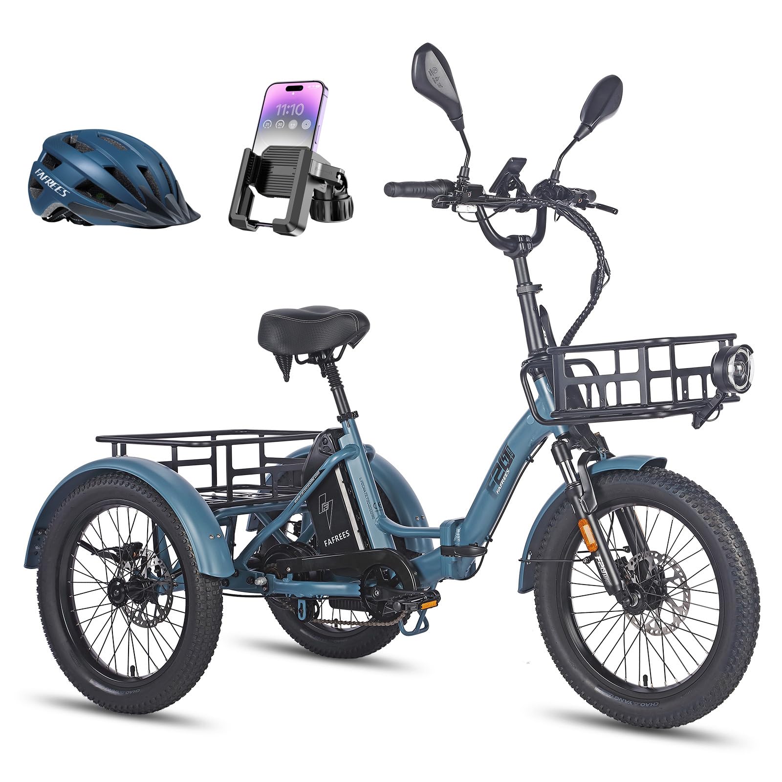 Fafrees F20 MATE - Triciclo Elettrico per Adulti Pieghevole con 75km Autonomia, Motore 65N.m e Freni Idraulici - Bici Elettrica 3 Ruote per Uomo Donna (BLU+cest.ant)