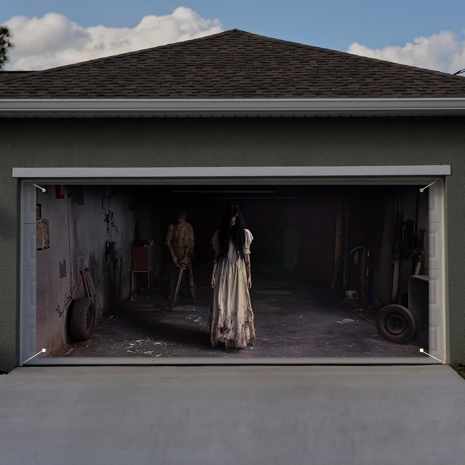 Halloween Garage Door Cover Banner 7 x 16 ft Female Ghost Halloween Garage Door Decorations Scary Long Hair Women Creepy Wall Decor for Outside Decor