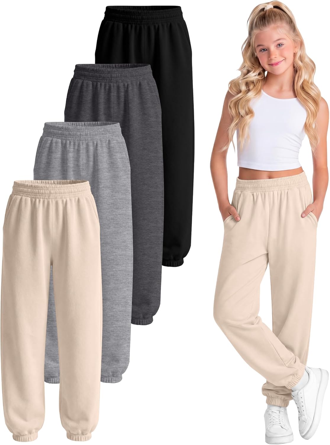 4 Pack Girls Jogger Lightweight Sweatpants Athletic Pants Casual Yoga Elastic Waist with Pocket Kids Tween 5-14Y