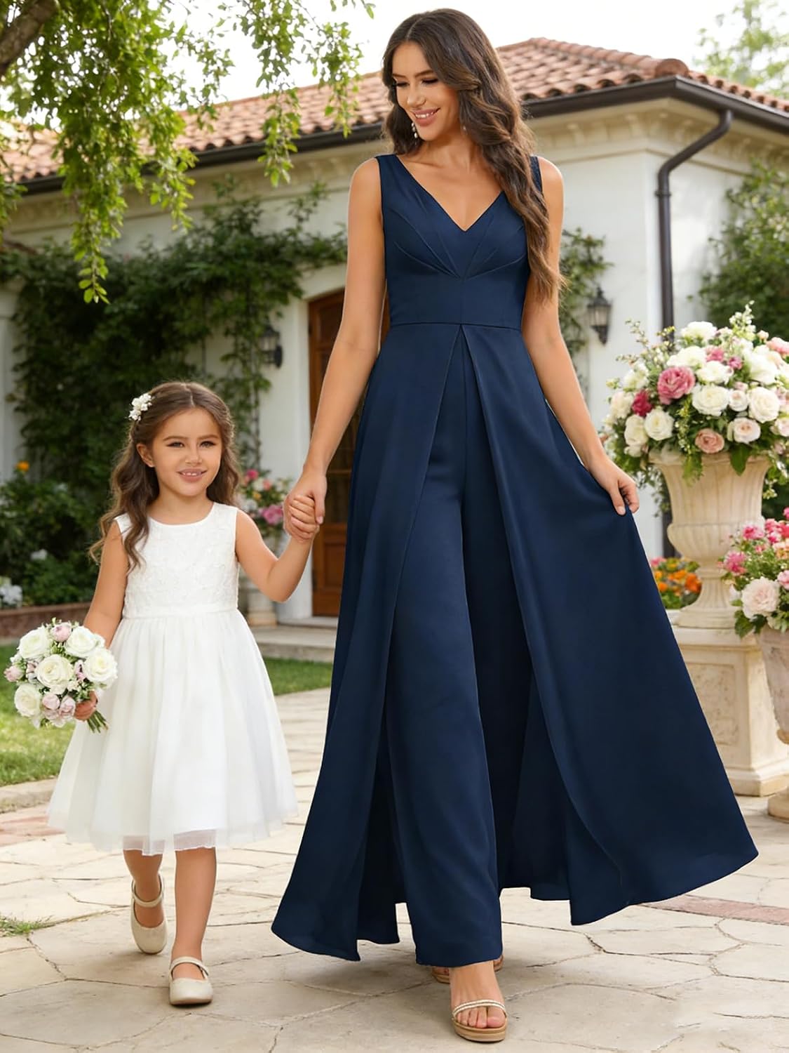 Women's Jumpsuits Chiffon Bridesmaid Dress V Neck Long Formal Wedding Guest Gown with Overskirt