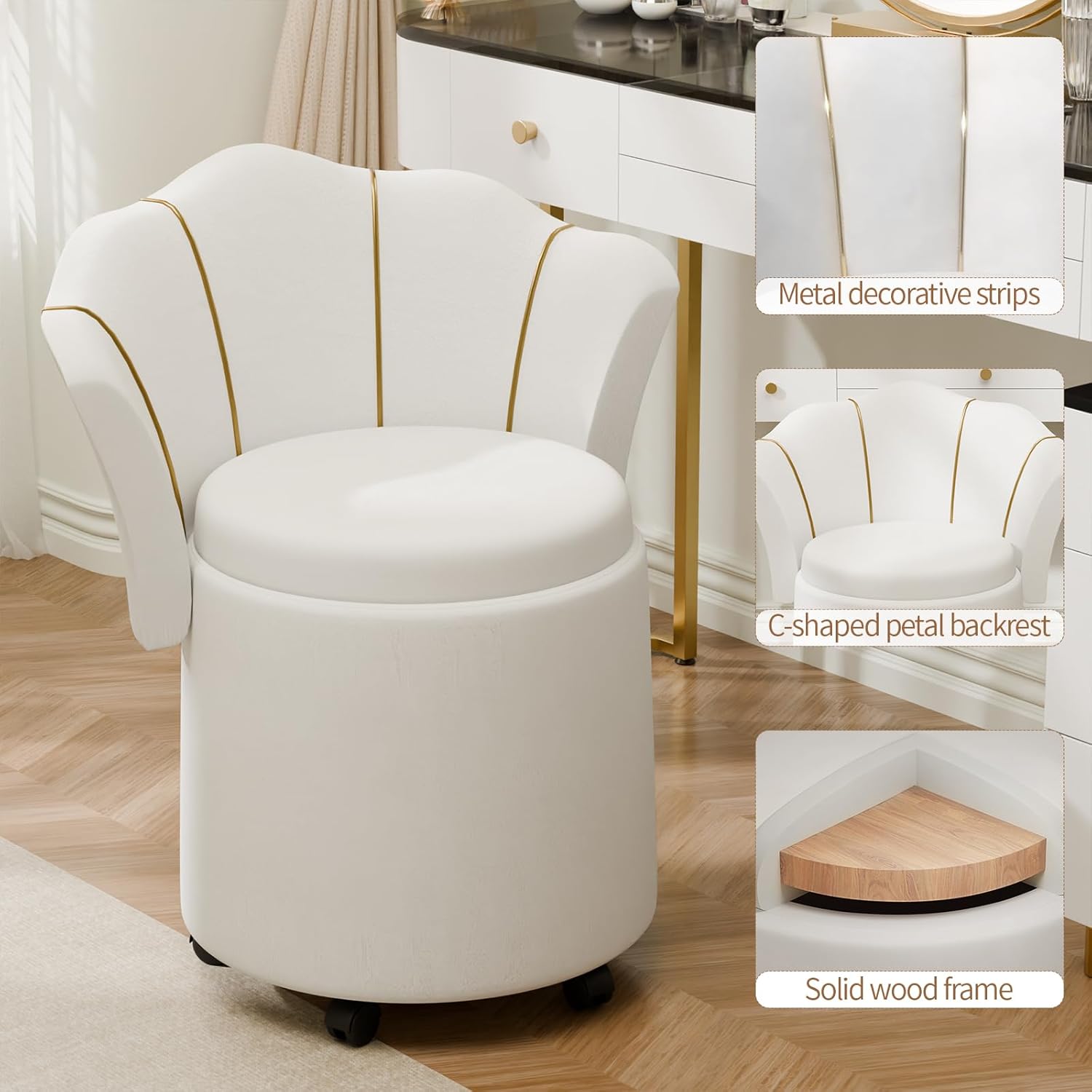 Vanity Chair,Makeup Storage with Backrest,Upholstered Dressing Chair,Swivel Rolling Wheels,Makeup Stool Seating for Bedroom,Modern Make Up Chairs for Girls,Women (White)