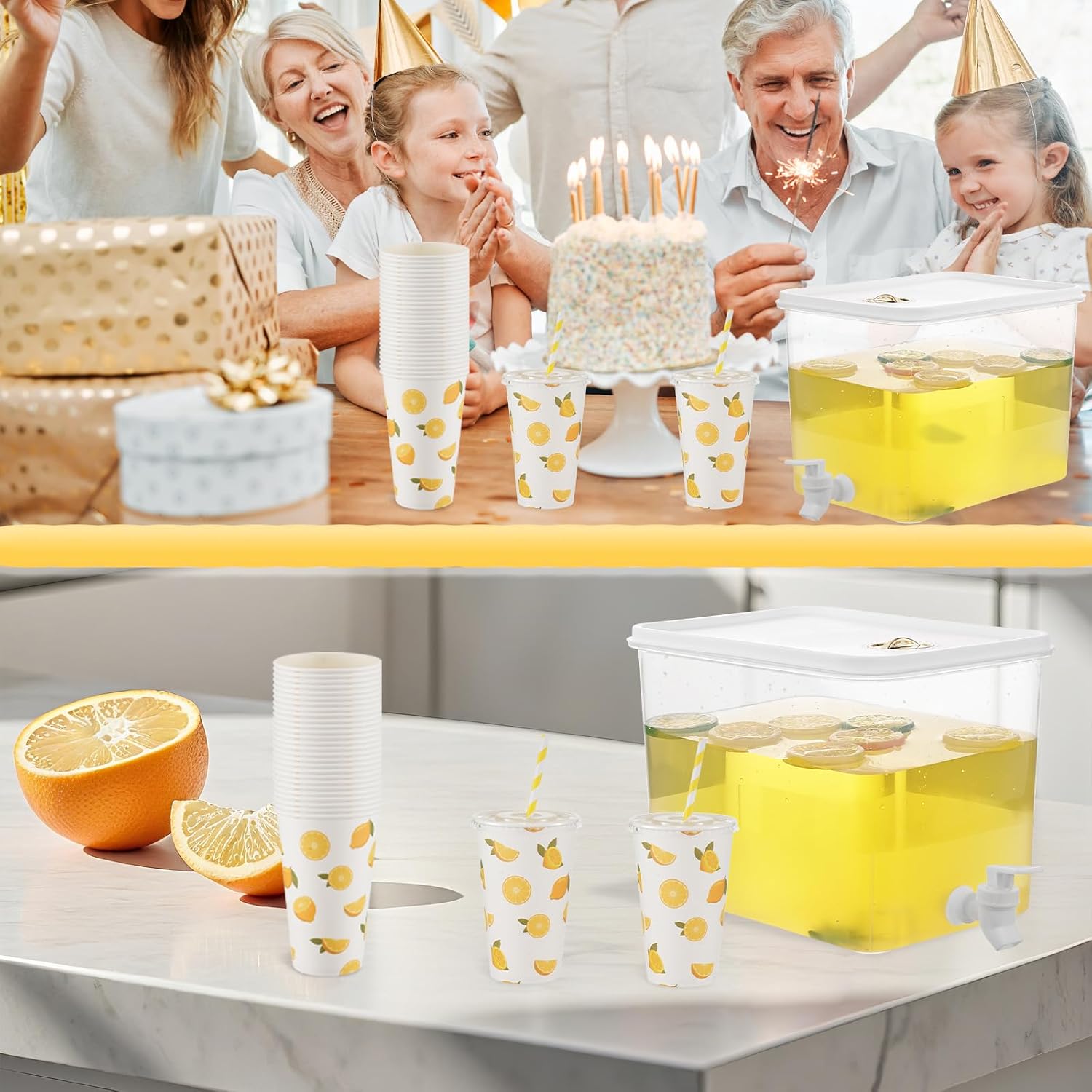 Lemonade Stand Supplies Include 8.5L Plastic Drink Dispenser with Spigot 50 Sets Lemonade Cups with Lids and Paper Straws,17oz Disposable Iced Coffee Paper Cup for Water Juice