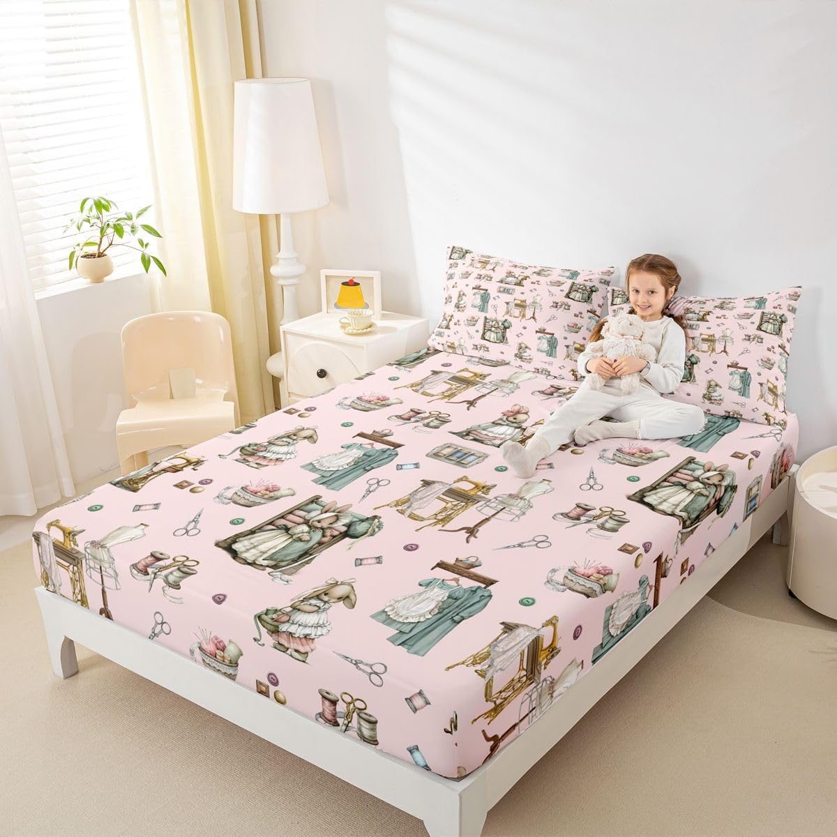 Castle Fairy Bunny Sewing Fitted Sheet 2Pcs Twin Size (No Flat)