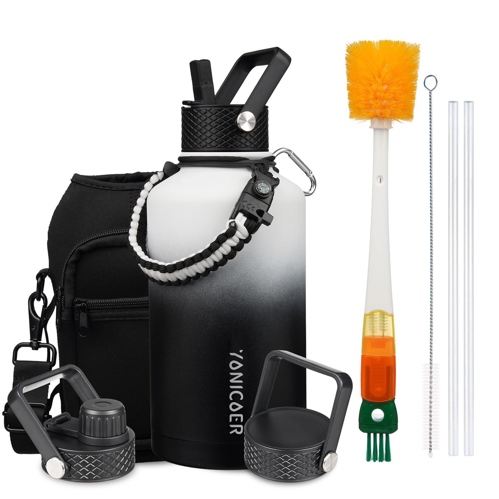 Insulated Water Bottle 64oz,Triple Wall Vacuum Stainless Steel(Dishwasher Safe),Leak Proof & Non-BPA,Flask Jug with Paracord Handle & Straw Spout Lids Sports Gradient black