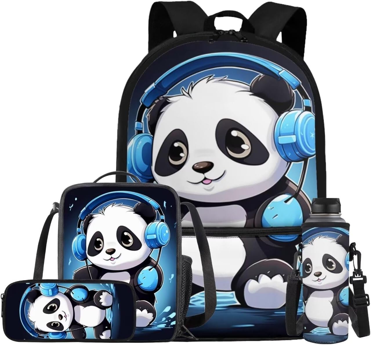 Cartoon Panda School Backpacks for Girls Cute School Bookbags 4 in 1 Kids Backpacks for Girls School Bag with Lunch Box Set Scratch Resistant Water Bottle Cover Back-to-School Gifts