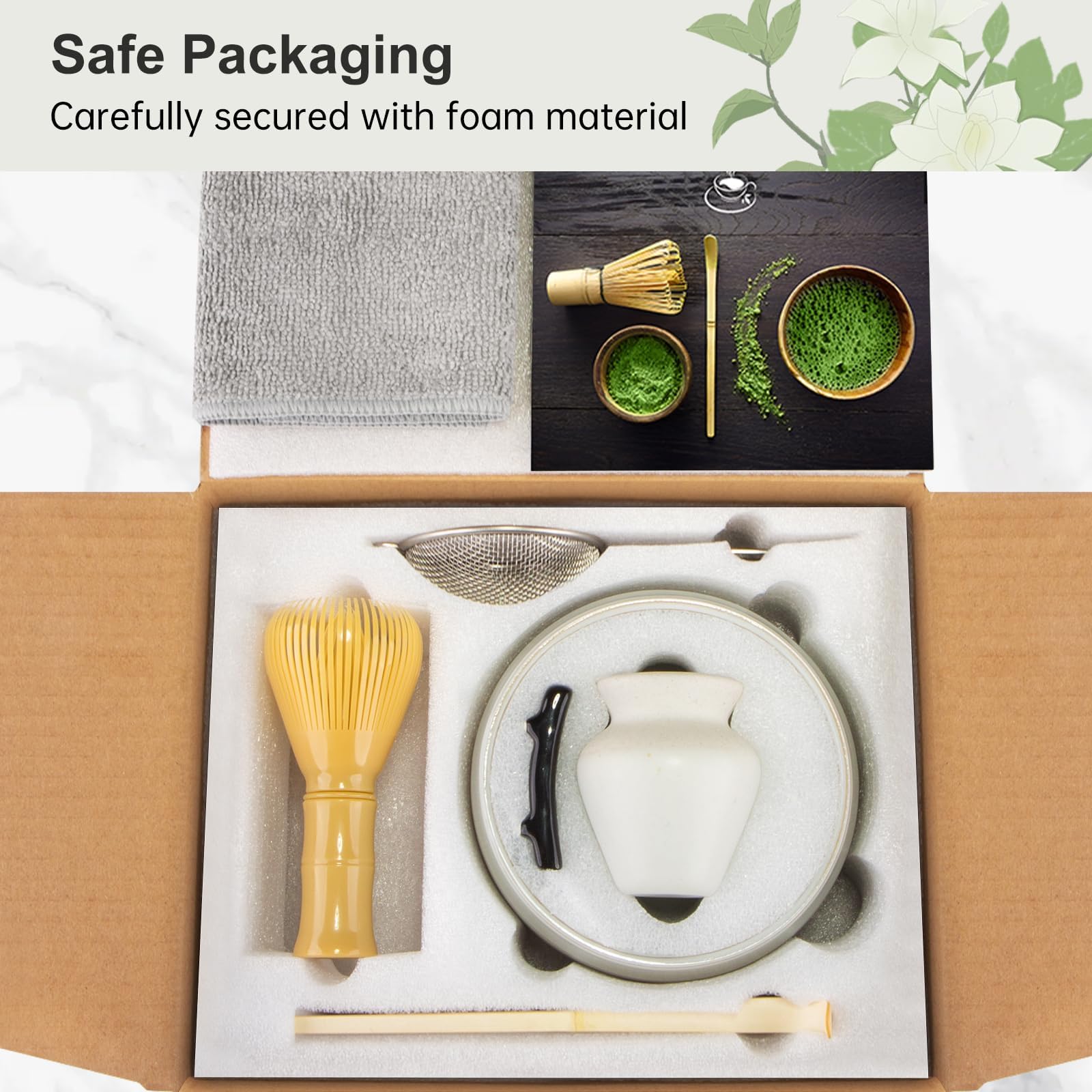 GUIGA Set di 7 matcha per cerimonie giapponesi, per matcha, in resina gialla, cucchiaio di bambù, porta scopa, set matcha per cerimonia del tè, bevanda (bianco opaco)