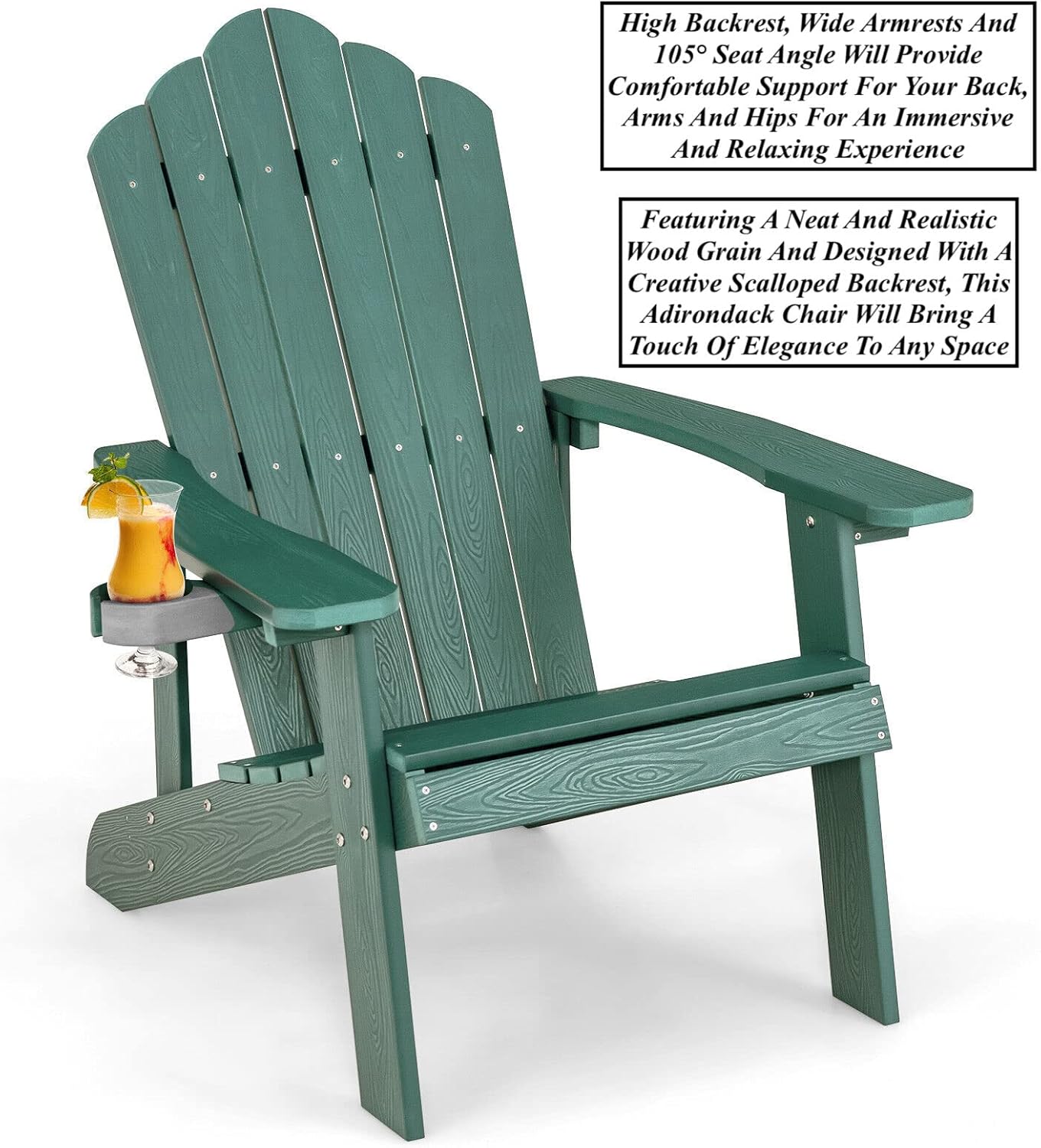 2 PCS Green Outdoor Patio Adirondack Chair Lounge Armchair Removable Hidden Cup Holders High Slanted Backrest Ergonomic Armrests Solid Hips Material Perfect for Porch Garden Balcony Poolside Use