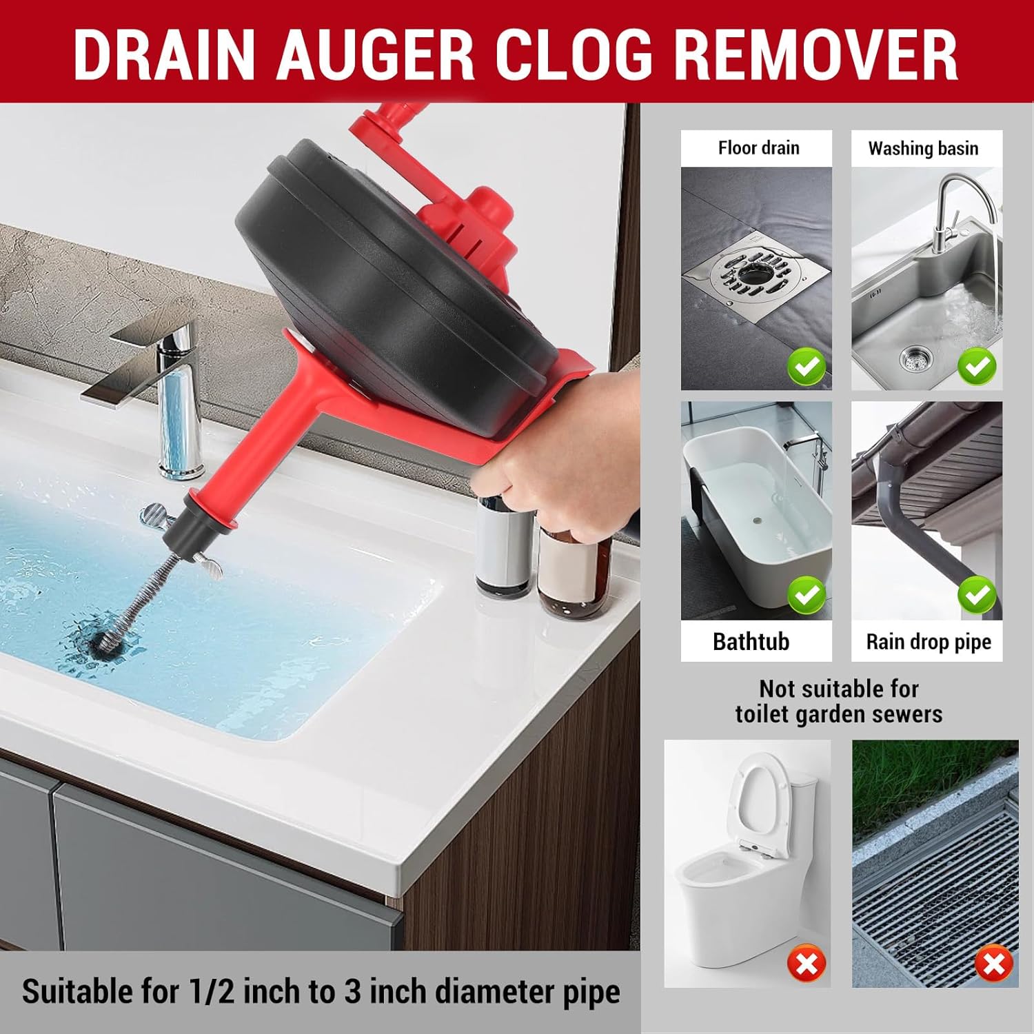 Drain Auger, Manganese Steel Spring Multipurpose Drain Clog Remover, Unclog Toilet | Toilet Unclogger | Hair Removal Tool | Sewer Clean Out for Kitchen Bathroom (5 Meters)