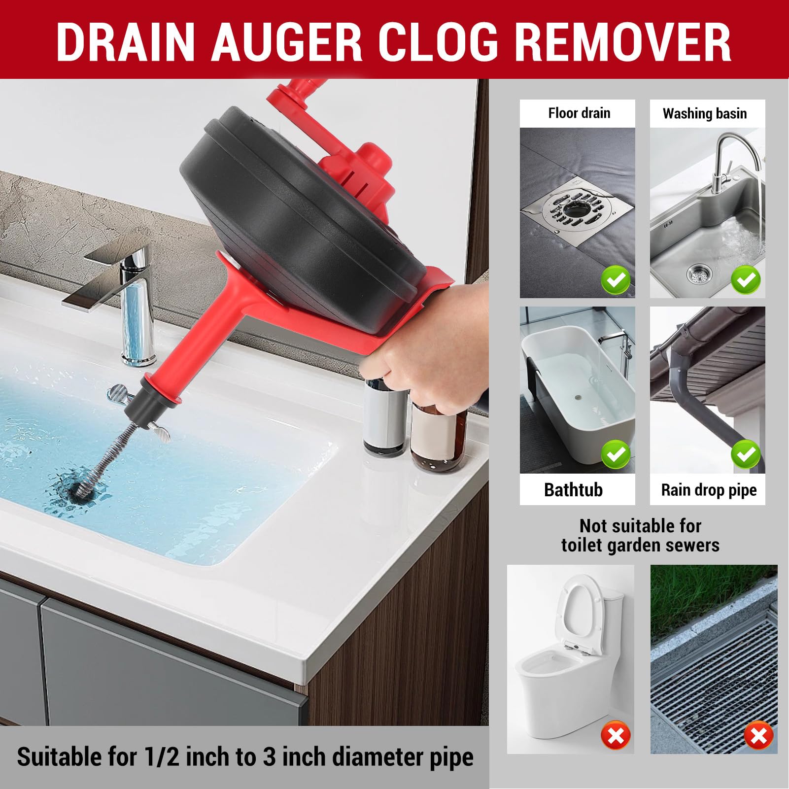 Drain Auger, Manganese Steel Spring Multipurpose Drain Clog Remover, Unclog Toilet | Toilet Unclogger | Hair Removal Tool | Sewer Clean out for Kitchen Bathroom (10m/32.8ft)