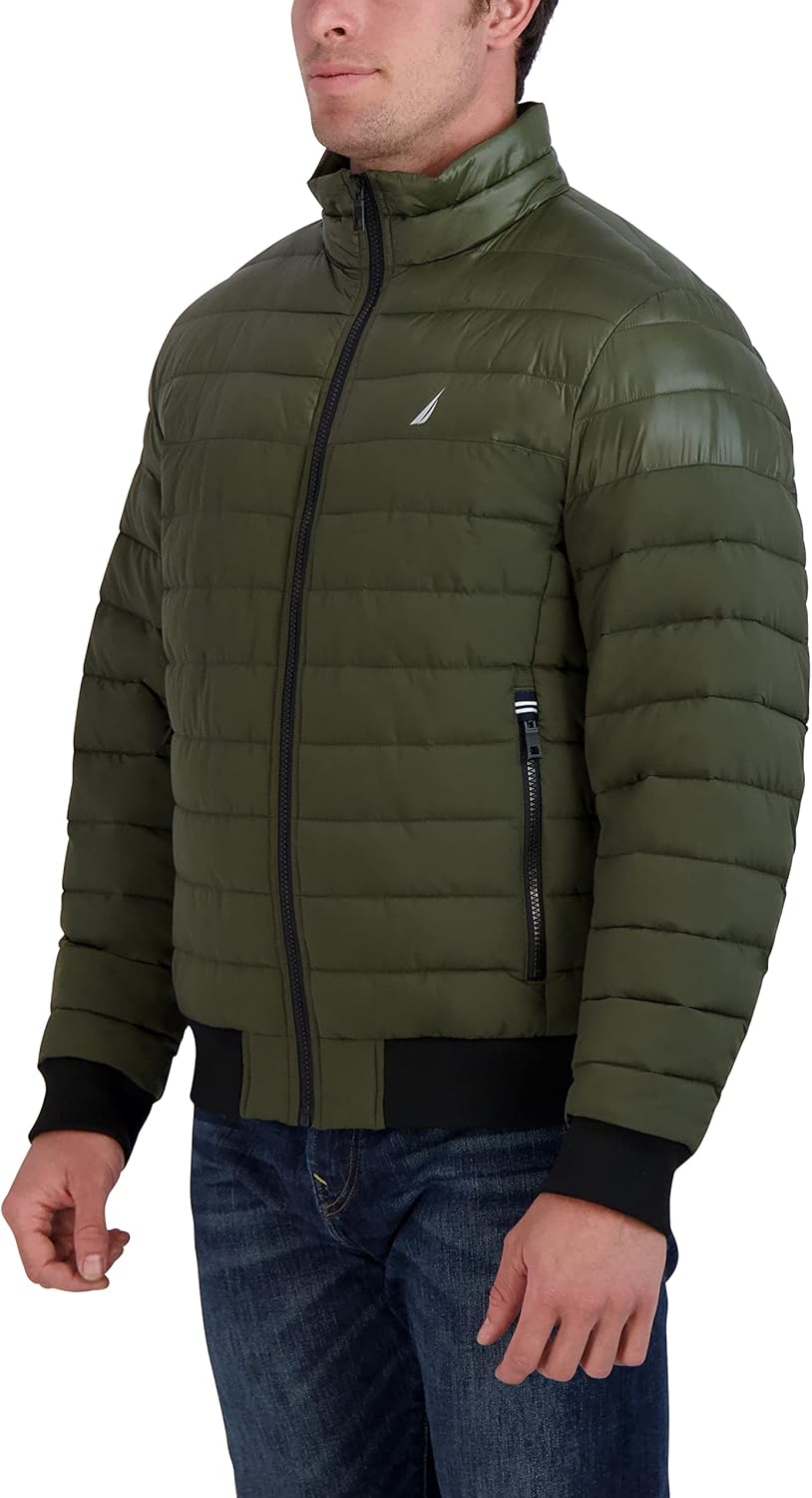 Nautica Men's Mixed Media Quilted Bomber Jacket Water Resistant Long Sleeve Zip Up Coat