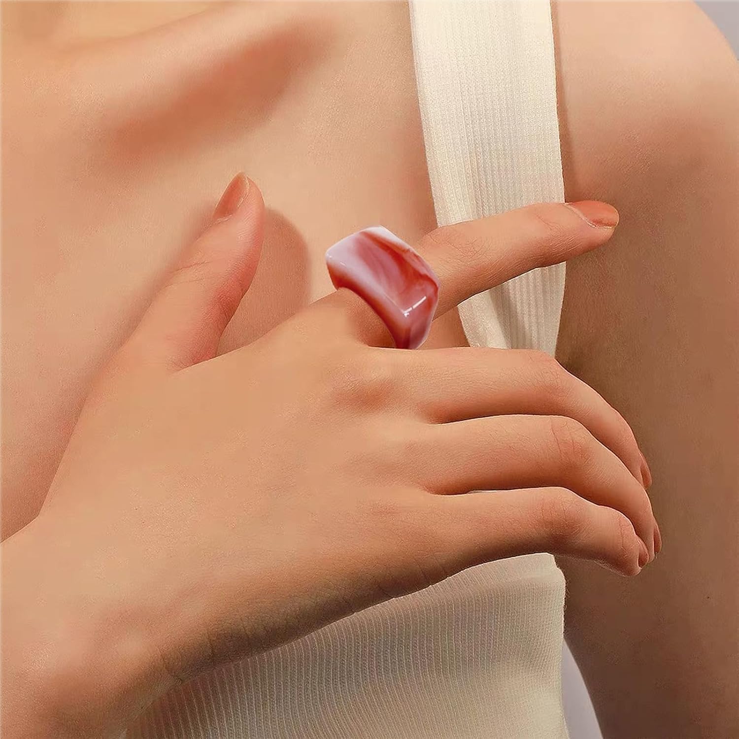 Loqimu 6 Pack Colorful Marble Pattern Acrylic Rings Chunky Midi Stackable Rings Cool Style Resin Rings for Women Teen Knuckle Rings Rectangle Dome Thick Rings Size 6 7 8
