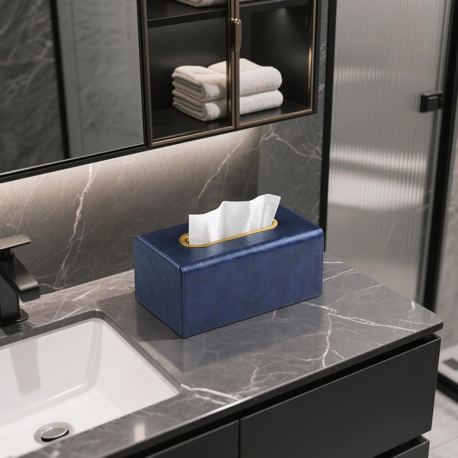 PU Leather Tissue Box Cover Rectangular Tissue Box Holder for Boxes Up to 3.9" Tall, Decorative Rectangle Tissue Cover for Bathroom Living Room Car Office (Navy Blue)