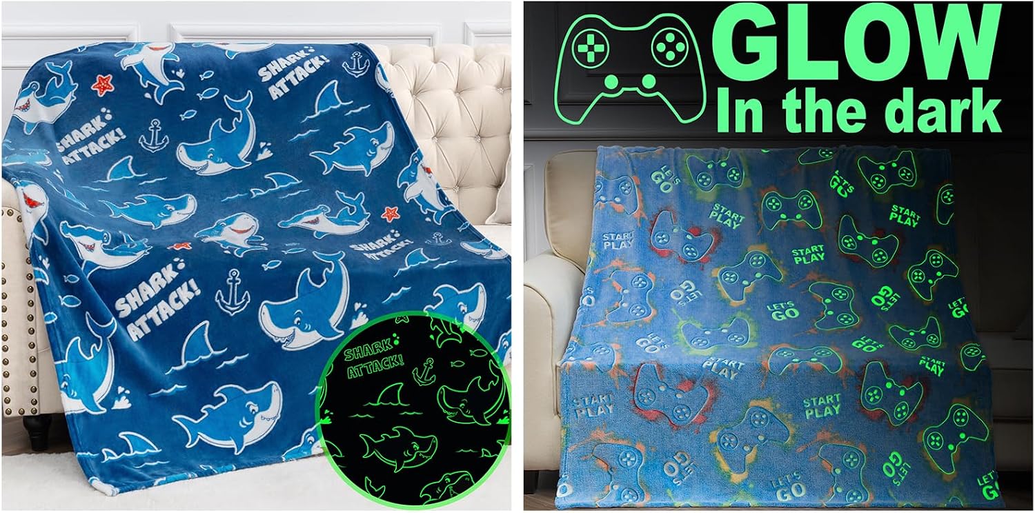 Shark & Gaming Gamer Toys Gifts for Kids Boys Girls - Glow in The Dark Blanket Christmas Birthday Valentine's Gift for Kids Teens Age 1 2 3 4 5 6 7 8 9 10 12 13 14 Years Old Child Toddler Throw Blue