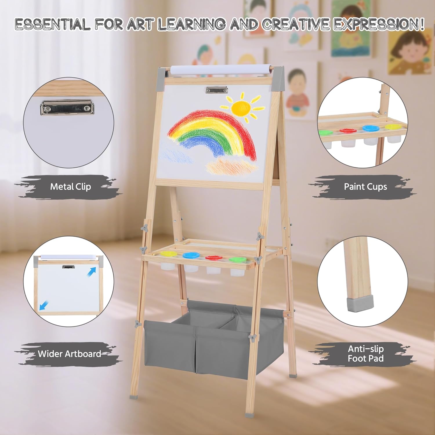 TODEFULL 3 in 1 Adjustable Kids Art Easel Set, Dual-Sided Wooden Art Station w/Magnetic Whiteboard, Chalkboard & Paper Roll, Height Adjustable Standing Painting Easel for Toddlers Ages 3+, Gray
