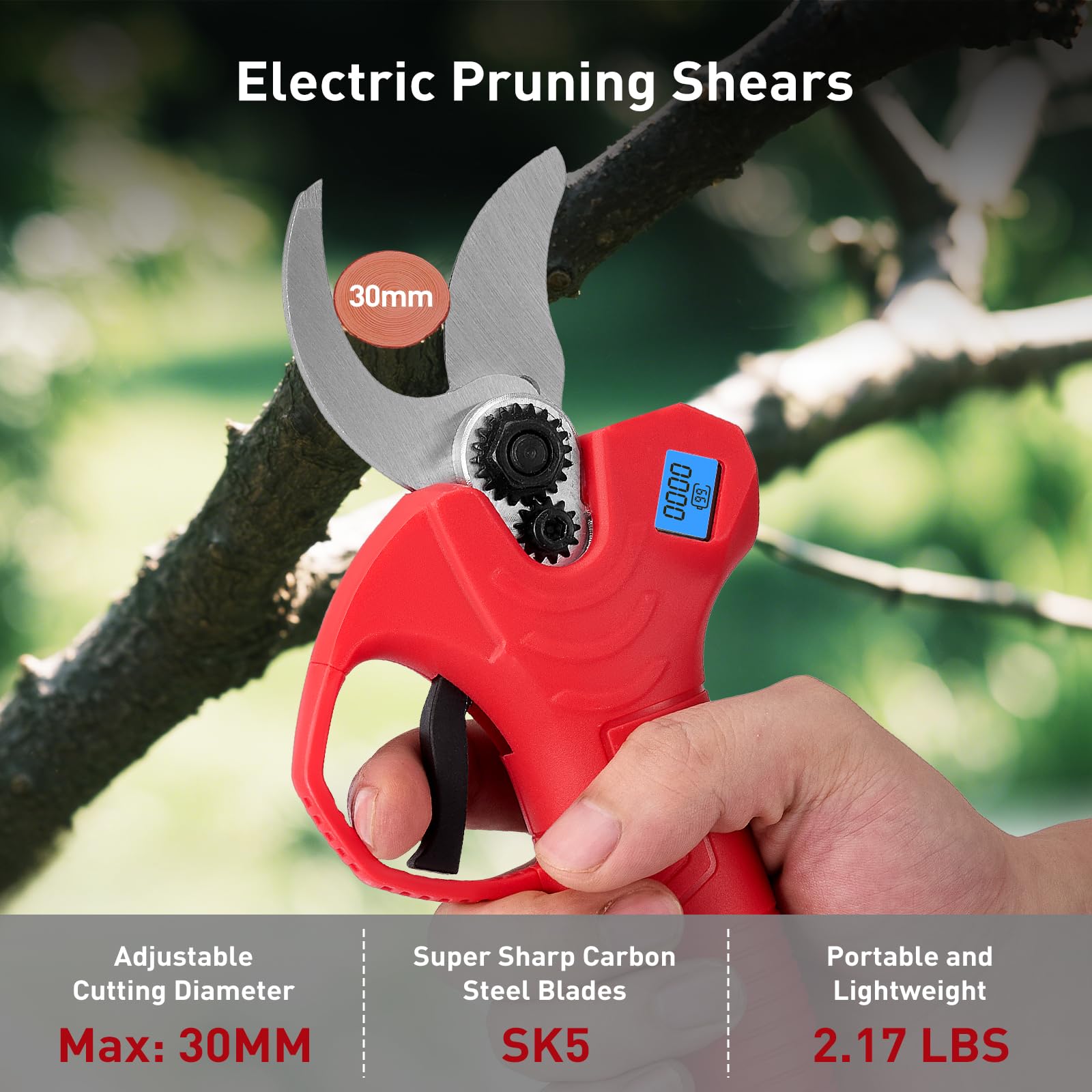tijeras de podar eléctricas 30mm 600W Tijeras de Podar Bateria con 2 Baterías 2000mAh Trabajo Hasta 5 Horas Pantalla LCD Profesional Tijera de Podar para jardín,granja,ramas,arbustos,troncos
