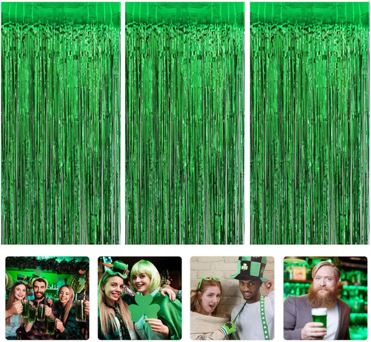 Tinsel Fringe Foil Backdrop Curtain 3pcs Green 2x1m Plastic | St Patrick's Theme Party Decor, Holiday Background Setup, Stylish Festive Display
