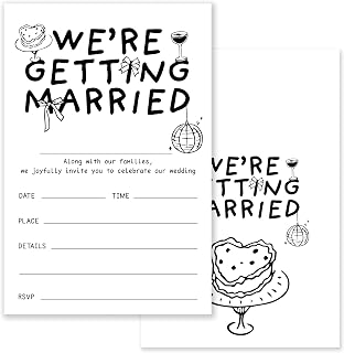 We’re Getting Married Wedding Invitations – 20 4x6 Inch Cards with Envelopes, Whimsical Black and White Line Art Design, Fun Marriage Announcement Invitation Kit.(024)