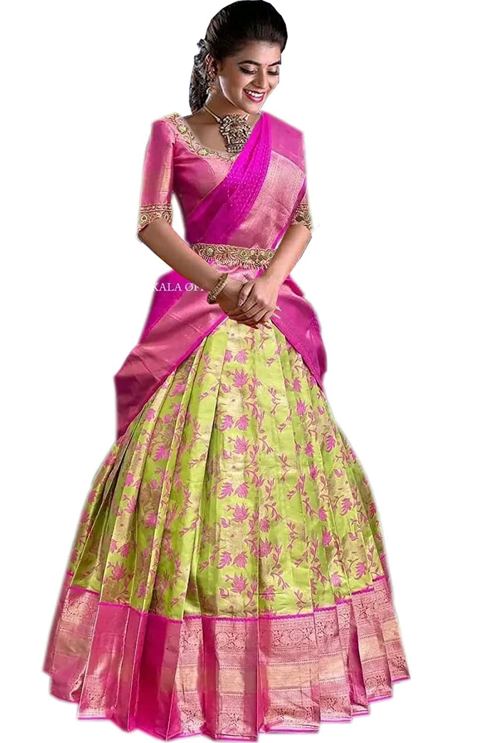WILLFEKanjivaram Soft Pure Zari Silk Traditional Lehenga Saree, Unstitched Lehenga Choli, Half Saree.
