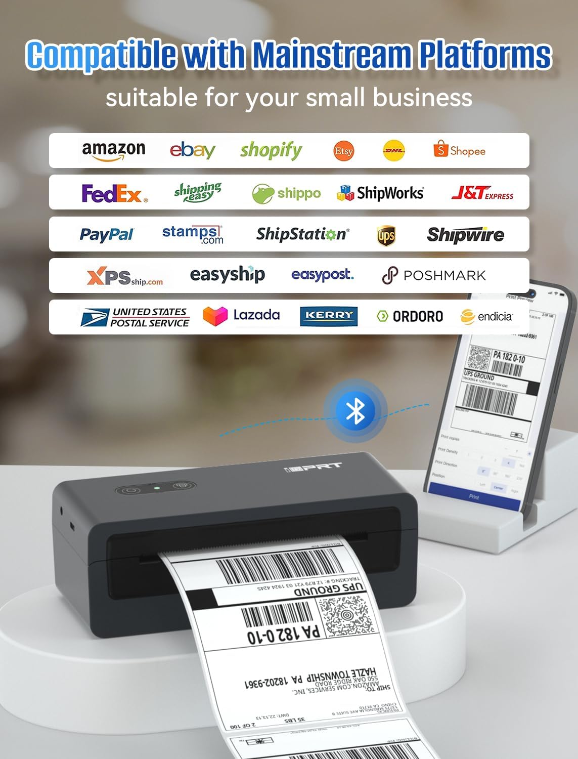 HPRT Shipping Label Printer 4x6 Bluetooth Thermal Label Printer for Small Business and Shipping Package, Support Android, iPhone, Windows, macOS, Widely Used for Amazon, Shopify, Ebay