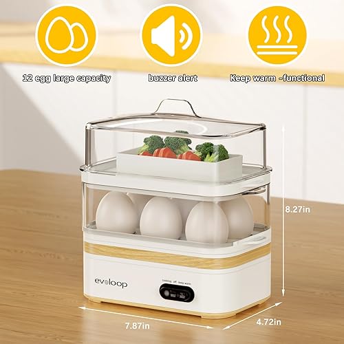 Miniatura 7 de Evoloop Rapid - Olla eléctrica para 12 huevos, con capacidad para 12 huevos, suave, mediana, hervida dura, escalfada, máquina para tortillas,