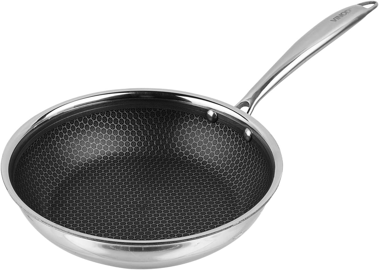 Vinod Platinum Triply Stainless Steel Fry Pan with Honeycomb Pattern Scratch-Resistant Interior Induction Friendly 7.8 in