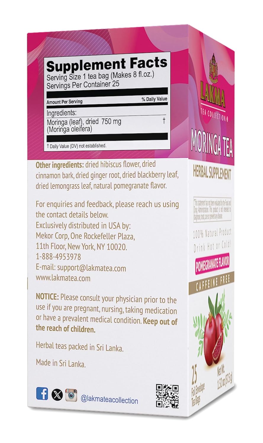 HYLEYS Lakma Moringa Oleifera Tea with Pomegranate - 25 Tea Bags - (6 Pack - 150 Tea Bags Total)