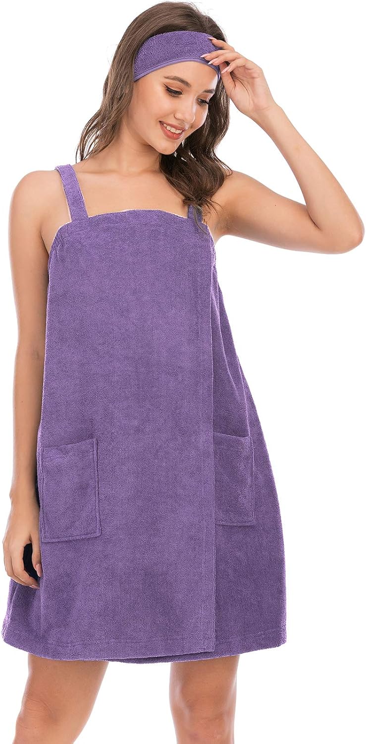 Veseacky Women Bath Wrap Towel for Womens Shower with Pocket Adjustable Spa Robe & Facial Headband - Image 3