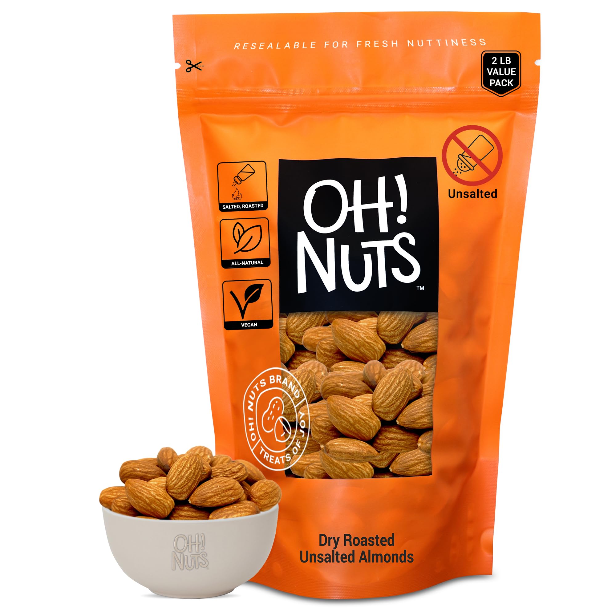 Oh! Nuts Almonds - Roasted Unsalted - 2 lb - Packed in New York Zip-Seal Bag for Exceptional Freshness