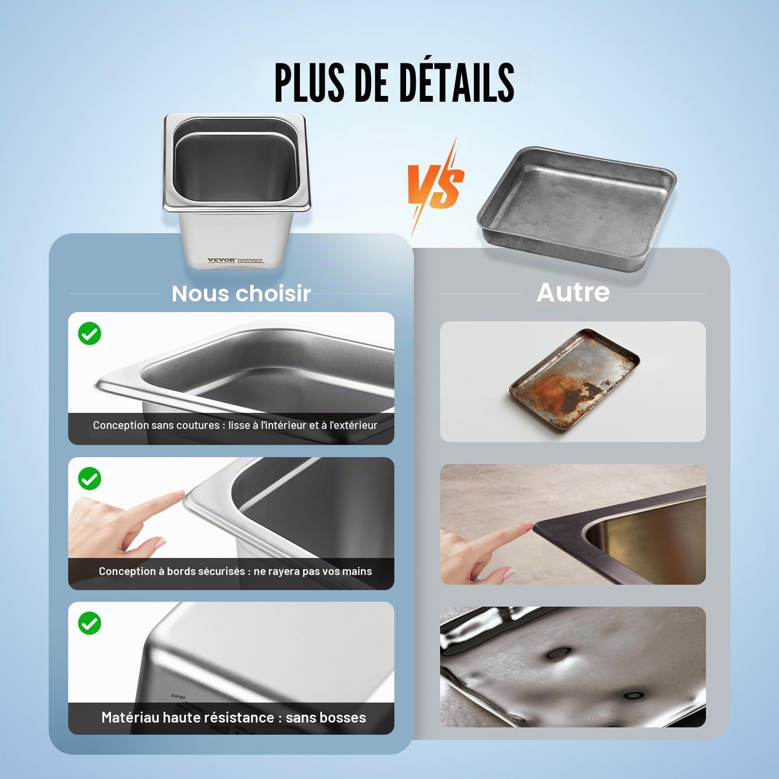 VEVOR Bac Gastronorme GN 1/6 Lot de 6, Récipient Inox pour Bain-marie 0,8 mm d'Épaisseur, Bac Inox Alimentaire 16 cm Profondeur, pour Fours à Convection, Réfrigérateurs, Stockage, Restauration