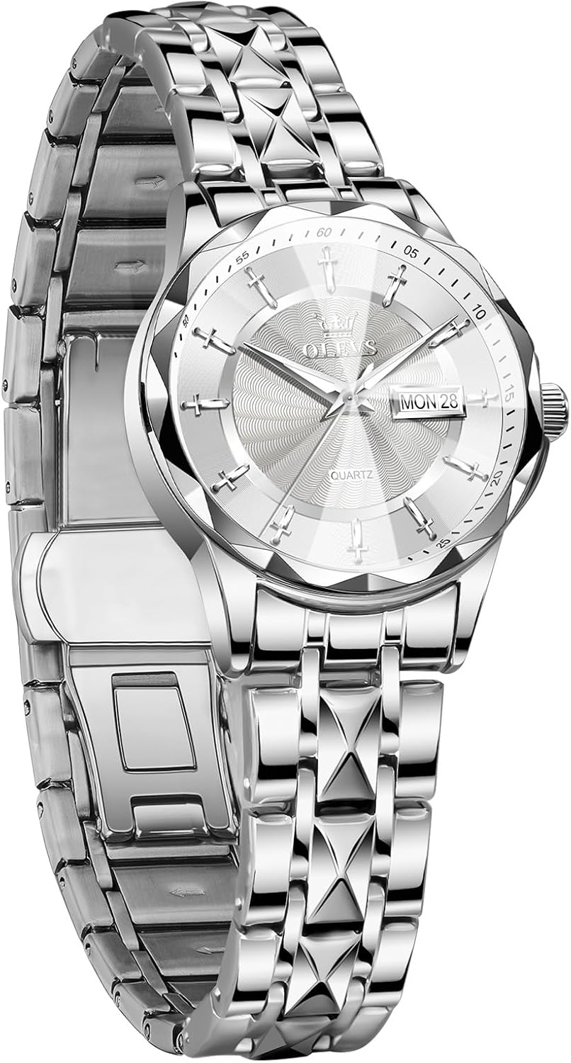 OLEVS Women’s Watch Luxury Waterproof Dress Analog Quartz Stainless Steel Watches with Date Day, Fashion 3D Faceted Crystal & Luminous Hands Elegant Gifts Relojes para Mujer