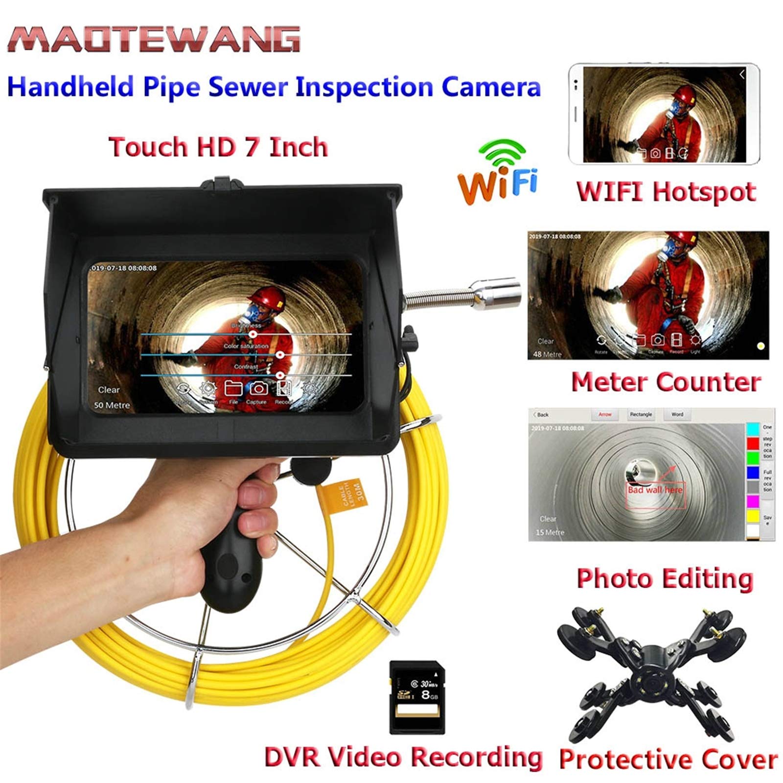 WIFI bezprzewodowa kamera wideo DVR z inspekcją rur, 7-calowa przenośna przenośna rura kanalizacyjna IP68 Endoskop przemysłowy, boroskopy 1080P z licznikiem mierników,10m