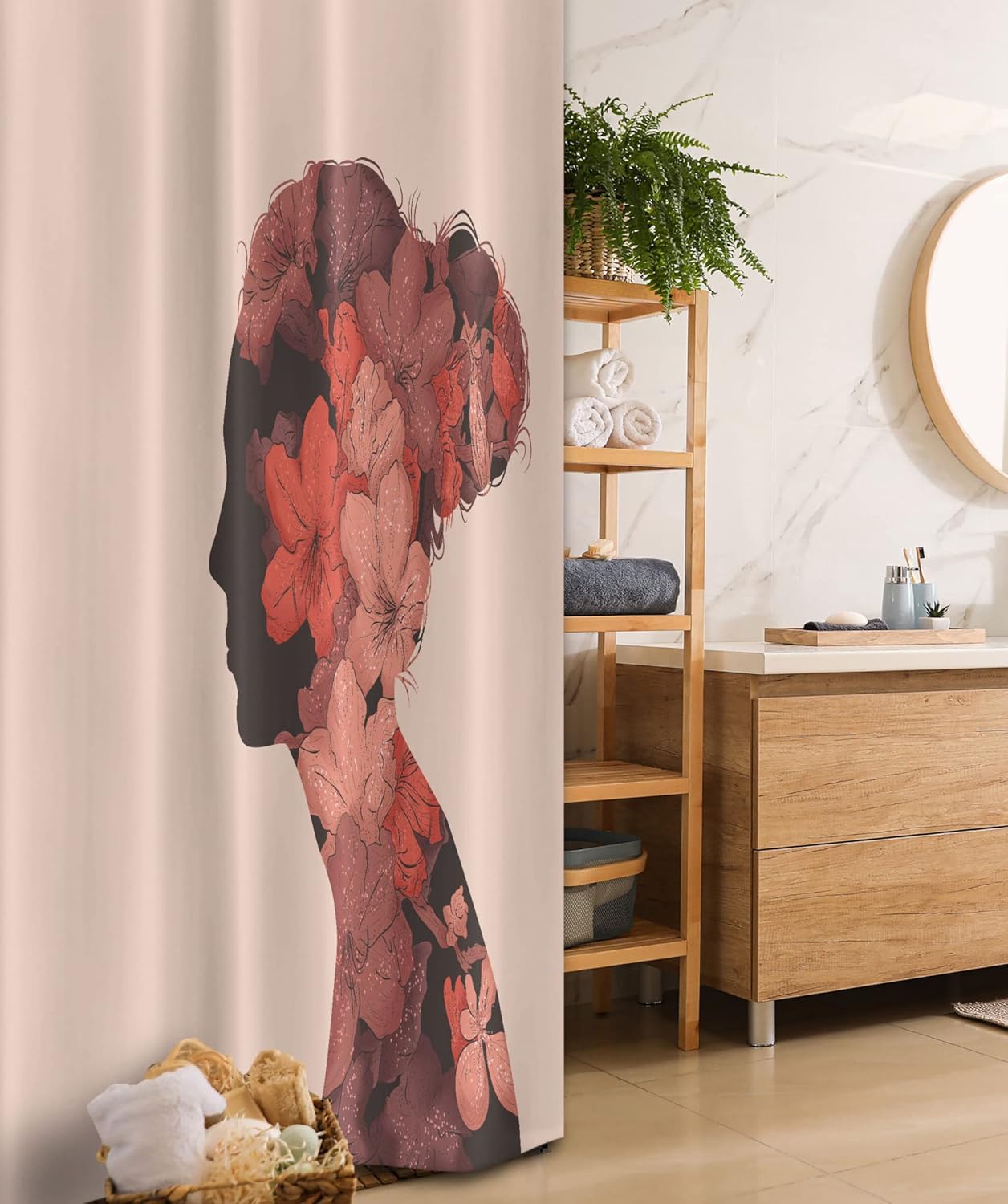 Ambesonne Retro Stall Shower Curtain, Portrait of a Woman in Double Exposure Floral Effects Illustration Print, Fabric Bathroom Decor Set with Hooks, 36" W x 72" L, Dark Taupe Peach Coral