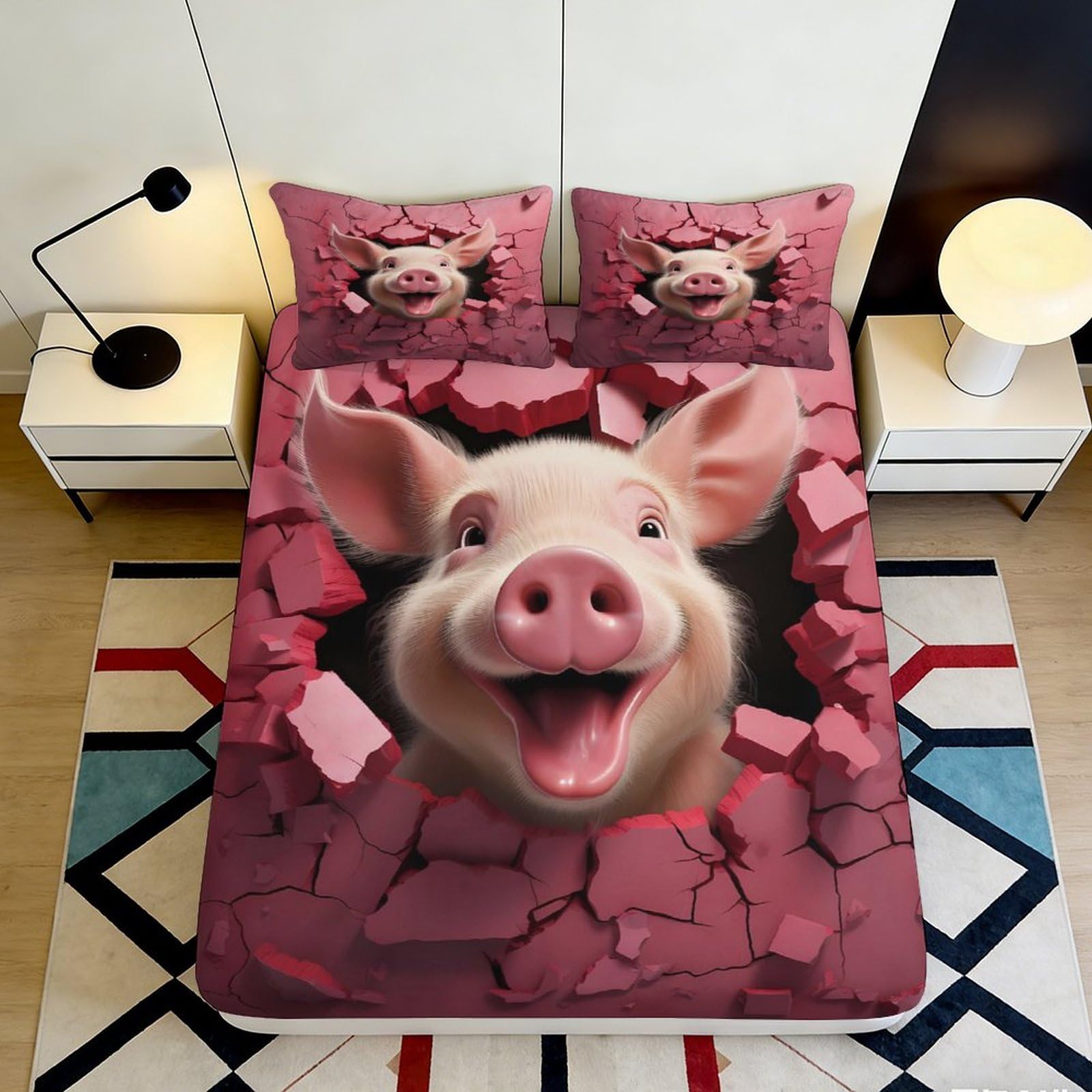 Jqzkxnhpbr Style-1 3D Printed Pink Pig Fitted Sheet Microfiber Soft Decorative Animal Bed Cover For Bedroom Guest Room Mattress Protection 90X200x25cm