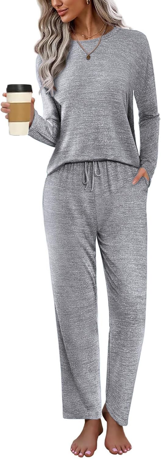Ekouaer Pajama Set Womens Long Sleeve Sleepwear Pullover Top and Pants Cozy Loungewear Soft Pjs Lounge Set with Pockets S-XXL