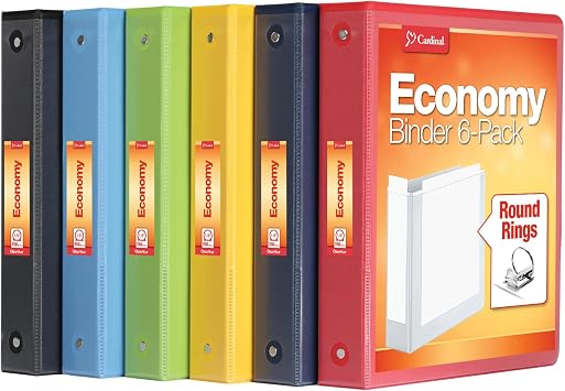 Cardinal 3 Ring Binders, 1.5 Inch, Round Rings, Holds 350 Sheets, ClearVue Presentation View, Non-Stick, Assorted Bright Colors, 6 Pack 79557