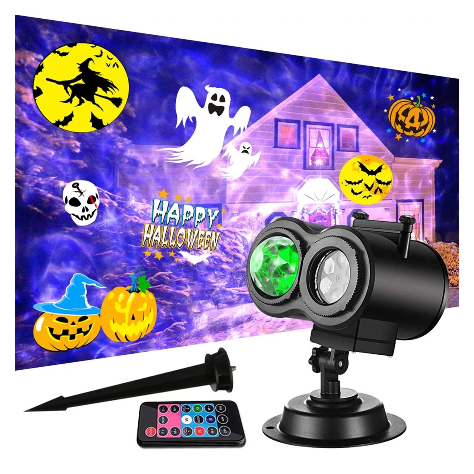 Projecteur Noel Exterieur, Lampe projecteur LED à Double Cylindre avec Motif d'eau, 16 Motifs, décoration de Nouvel an et de noël, lumières de Cartes Lumineuses, Halloween et noël