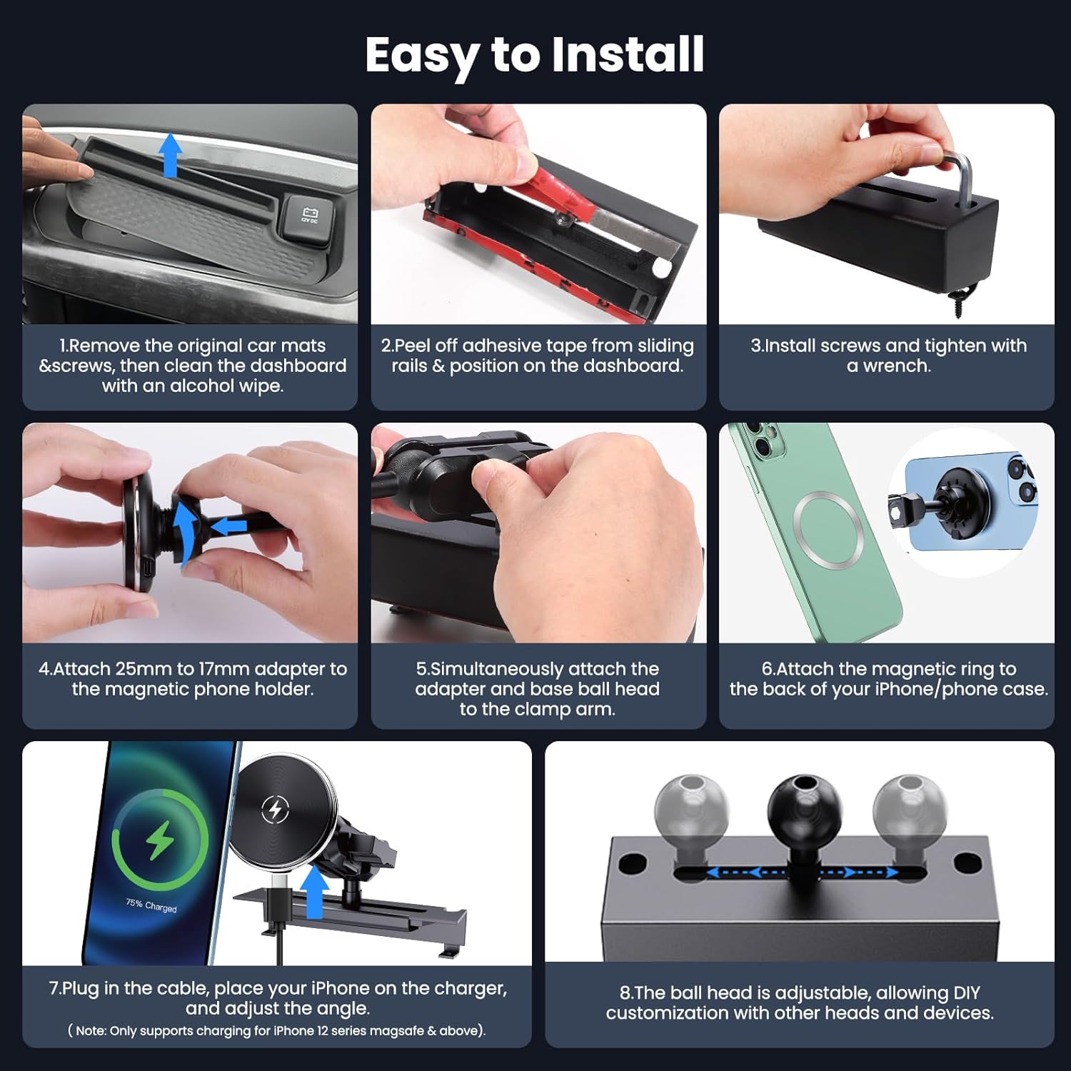 Upgraded Wireless Charger with Phone Mount for 2019+ Ram Truck, Dash Magnetic Mount Cell Phone Holder Compatible with 2019+ Dodge RAM 1500/2500/3500 & TRX, 360° Rotation Stand Fit for All Phones