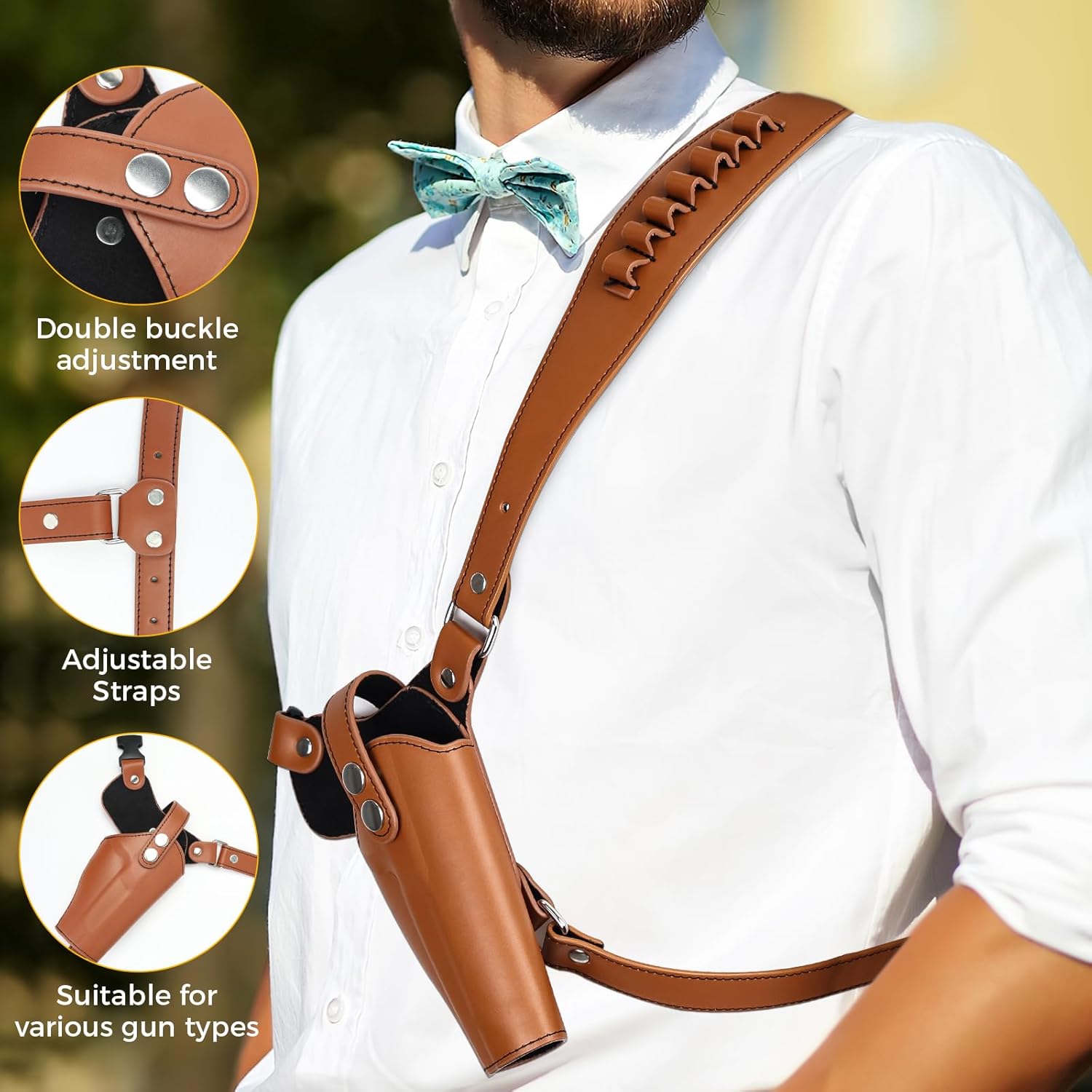Adjustable Shoulder Holster for Men Universal Gun Holsters for Concealed Carry Leather Chest Holster with 7 Spare Bullet Holes Fits 1911, Glock 17/19/23, and Most Pistols (Right Hand Use)